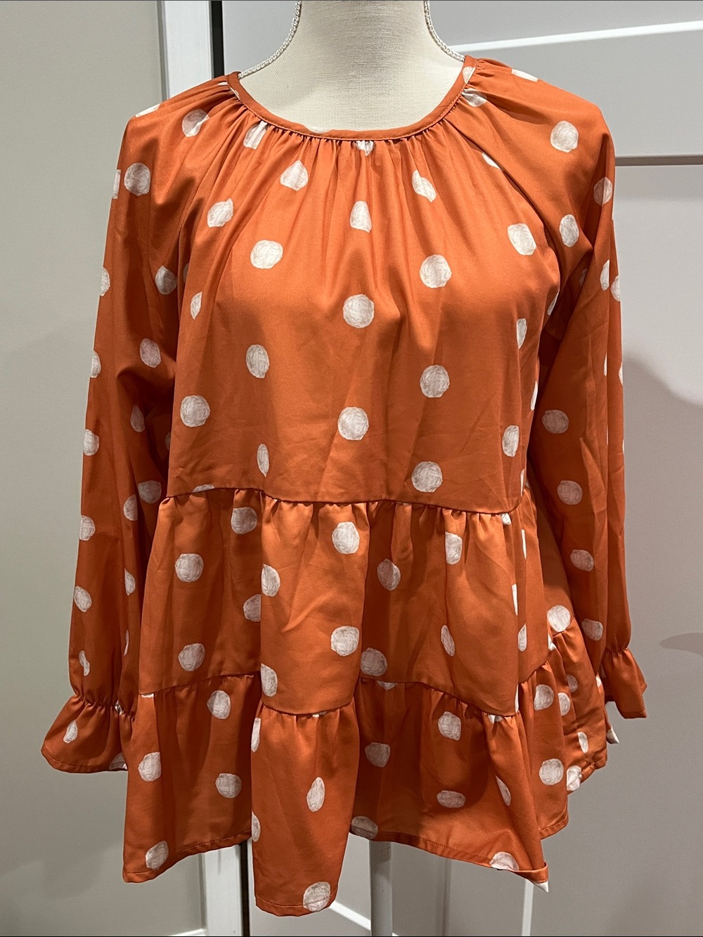 Polka Dot Tiered Long-Sleeve Top - Rust/White